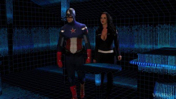 Busty brunette granted Captain America's huge dick for more than just blowjob on supertitlovers.com
